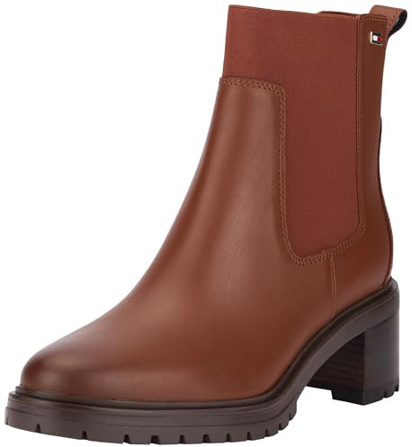 Tommy Hilfiger Donna Stivaletti Chelsea Mid Heel in Pelle, Marrone (Cognac Brown), 39
