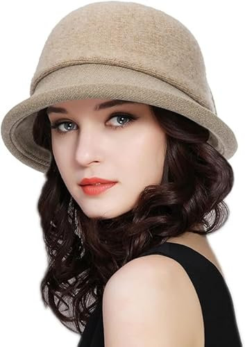 Caysep Damen-Glocke im Stil der 1920er-Jahre, Vintage-Stil, Wollmischung, Kirchenhut, Winter, Filz, Eimerhut, knautschbar, faltbar, khaki, Einheitsgröße