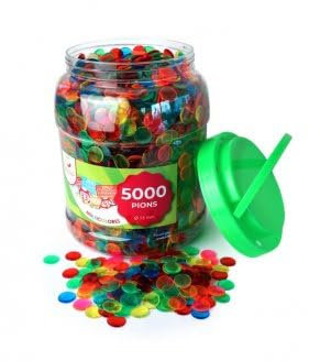 Boite 5000 pions de marquage Loto 15 mm, Vert/Rouge/Bleu/Orange/Rose - jetons pour Carton Grille - Set Accessoire Jeu Bingo et Carte