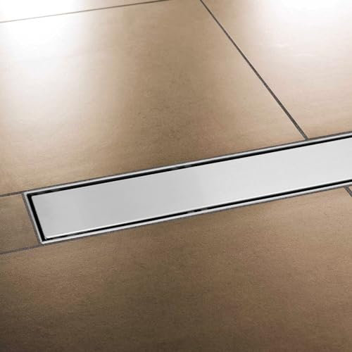 Edelstahl Duschrinne extra flach mit Ablauf & Siphon (110cm, Höhe 53mm) - waagerechter Duschablauf Komplettset Vollabdeckung - Duschabfluss & Duschablaufrinne mit passender Dichtmanschette