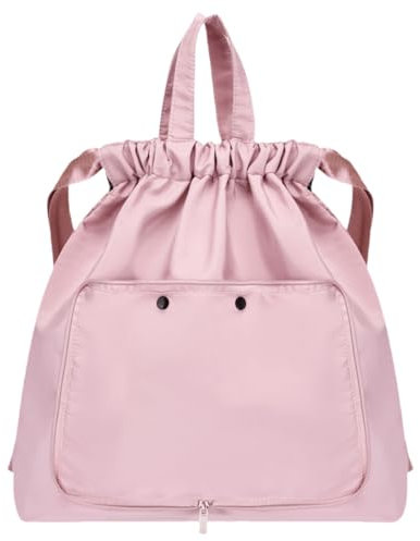 FAVORTALK Turnbeutel Wasserdicht Gross Faltbar Sportbeutel - Pink Sport Rucksäcke mit Kordelzug für Reisen Wasserabweisend Fußballtasche Gymsack mit Aussentasche für Damen Herren - B03506