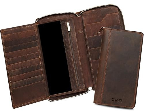 ABYS Porte-passeport unisexe en cuir véritable, long porte-documents de voyage RFID pour homme, 10 cartes avec 4 emplacements pour passeport, pochette à fermeture éclair pour femme, Brown Hunter, M