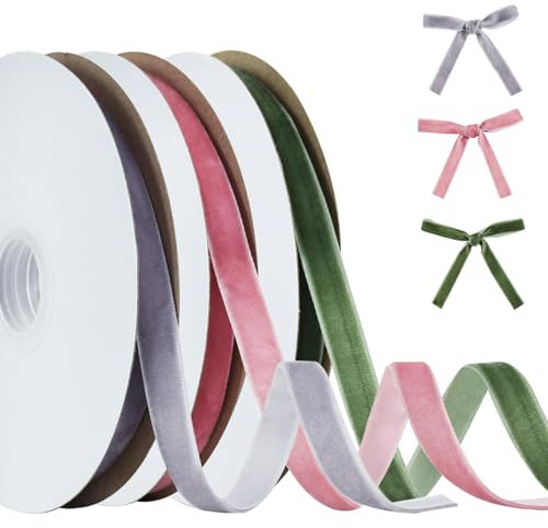 RIBBOOO Rosa, Grün, Grau Samt Band Set, 3 Farben 1cm x 30yd Gesamt für Weihnachtskranz Bogen Dekoration Handwerk Geschenkverpackung Valentinstag Bouquet Wrap