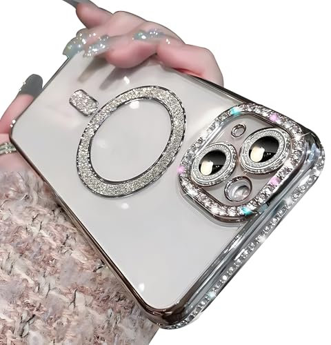 Lomzexwi Hülle für iPhone 15, Magnetische Rhinestone Handyhülle für Frauen Mädchen Bling Durchsichtig Silikon Schutzhülle Stoßfest Bumper Kratzfest Luxus Case für iPhone 15, Silber