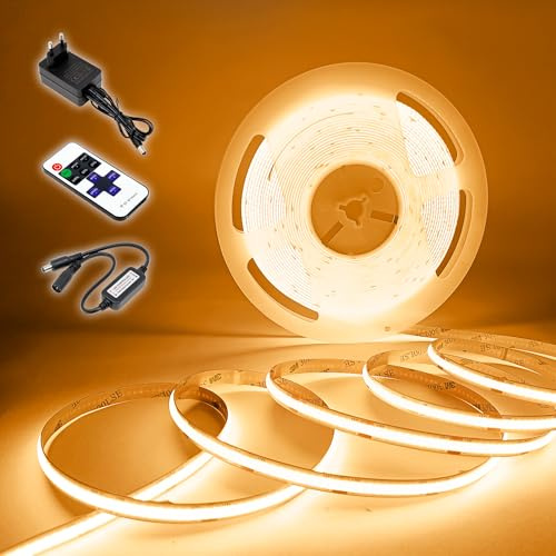 KUKUMAO LED Strip Light 5M 3000K, Warm White LED Strips, Dimmable COB LED Strip, CRI 80+ Strip Lights, 8mm Width with Remote & 24V Adapter, for Bars, Cafes, Shops, Home Decoration
