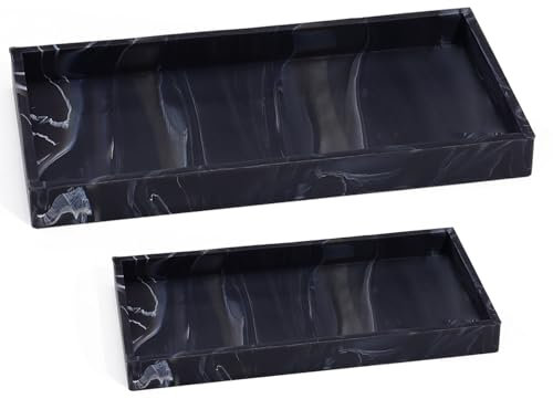 Huakaile 2 Silicone Bathroom Counter Tray, 7.8 x 3.9 & 11.8 x 5 Vanity Tray, Decorative Kitchen Soap Holder Plate Organizer for Makeup Perfume Candle Key Storage Toilet Tank Sink (Marble Black)