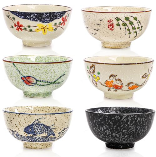 Nagpew 6 Pack Retro Ceramic Bowls, 4.5 Inch Japanese Rice Bowl, 10 Oz Small Soup Serving Set Hand-painted Cereal Holder for Salad, Dessert, Ice Cream, Noodles, Dishwasher Microwave Safe