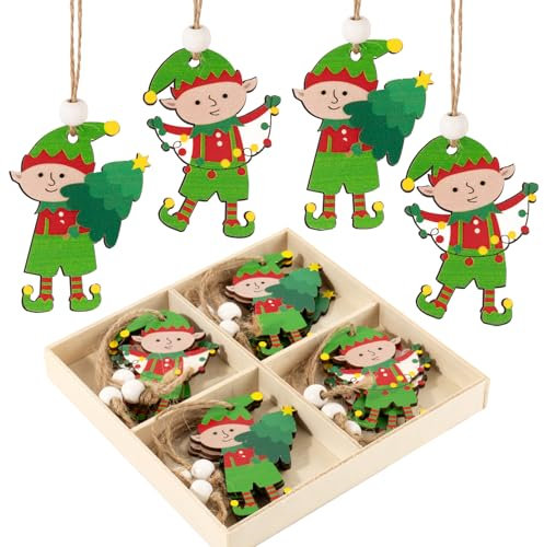 BOFUNX 12pcs Colgantes de Elfo para Árbol de Navidad Adornos Navideños de Madera Accesorios con Cuerda Decoración Navideñas Regalos