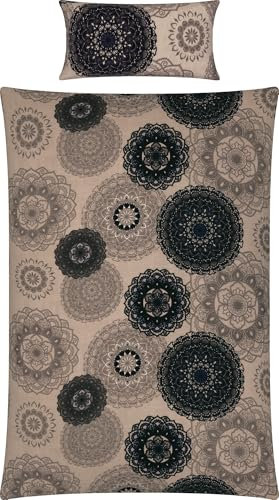 Erwin Müller Bettwäsche, Bettgarnitur Flanell - Mandala - mollig warm, temperaturregulierend, mit praktischem Reißverschluss - beige Größe 40x80 cm / 155x200 cm