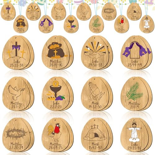 Suzile 24 Stück Heilige Woche, religiöse Oster-Hängeornamente, Heilige Woche, Holzschilder, religiöse Osterbaum-Ornamente, christliche Osterdekoration für Kirche, Osterkörbe, Karwoche, Geschenktüten