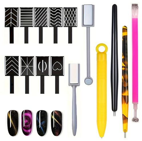 Cat Eye Magnetic Nail Polish Set, 15 PCS Cat Eye Gel Nail Polish Magnet Tools with 10cm Small Tweezers, Strong Suction Nail Magnet, 3D Magnetic Cat Eye Nail Art, Multiple Style Nail Magnets Wand Board
