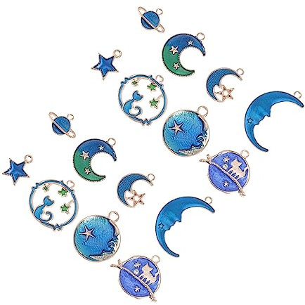 Jewelry 2 Sets DIY-Zubehör, Perlenkette, zierliches Armband, Perlen-Schlüsselanhänger, Planet, Mond, Planet, Emaille-Charms, Mond-Armband-Charm, Legierungsanhänger, Armband-Charms,