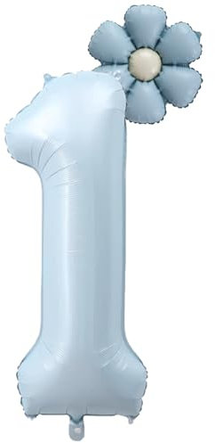 DazzJoy Geburtstagsdeko 1 Jahr Junge mit Gänseblümchen Folienballon, Luftballon 1. Geburtstag Junge Blau, 40 Zoll Blau Luftballons Zahlen 1, Ballon 1 Geburtstag Mädchen Deko, Kindergeburtstag 1 Jahr