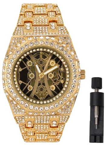 ICEDTAG Herren Hip Hop Iced Out Uhr - 43 mm schweres achteckiges Skelett-Zifferblatt, Full CZ Diamant Bling Armband, Gold Silber plattiert, Quarz Analog Armbanduhr mit Geschenkbox, Gold – schwarzes