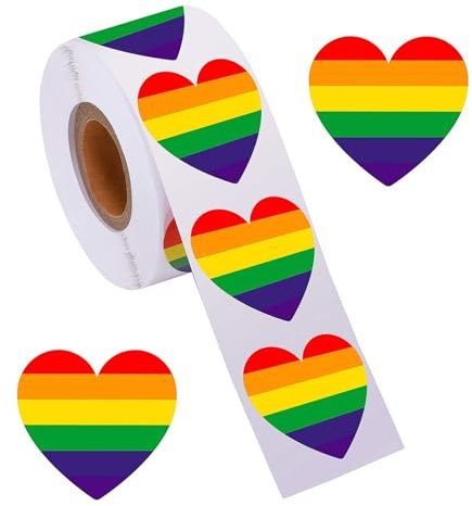 Pride Sticker Rolle, 500 Stück Party Pride Aufkleber, Herz Aufkleber Roll, Herzform Etiketten Sticker, Regenbogen Herz Aufkleber, Dekoration für Partygeschenke, Umschläge