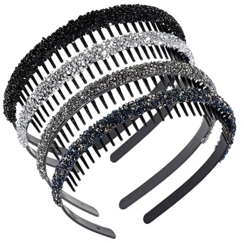 4 Stück Strass Stirnbänder, Strass Stirnband für Damen, Rutschfeste Haarreifen,Stirnbänder mit Kristall Zähne Kamm, Haarreifen Damen, Glitzernde Haarbänder, für Mädchen Tägliches Party Haarschmuck