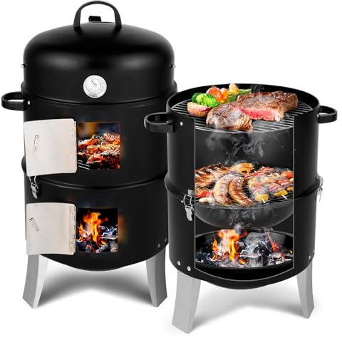 Vertical Charcoal BBQ Smoker, Heavy Duty 2-Tier Round Barbecue Grill with Built-in Thermometer, 82cm Height, Chrome-Plated Cooking Grates, Steel Outdoor Smoker for Garden, Camping & Parties, Black