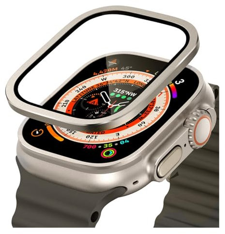 AHGDDA Telaio in metallo titanio per Apple Watch Ultra 2 49mm Accessori Pellicola antigraffio in vetro temperato per custodia per schermo serie Ultra(Titanium)