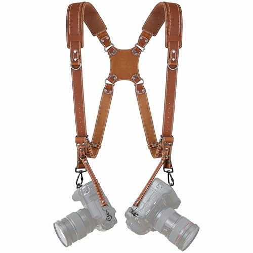 Padwa Lifestyle Tan Dual Camera Harness Strap with Padded for Two Cameras - Dual Shoulder Full Grain Leather Harness,Multi Camera Gear for DSLR/SLR Strap,Double Camera Harness for Photographers
