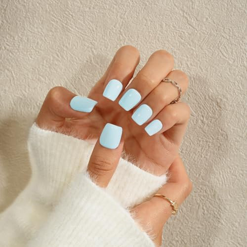 KQueenest Press on Nails Lot de 24 faux ongles courts avec colle - Bleu pastel - Courts, unis - Carrés - Clairs - Pour femmes et filles