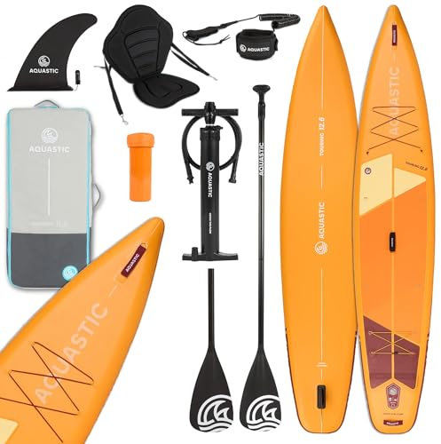 AQUASTIC Touring 12'6″ aufblasbares SUP Board | Touring Profil | Drop Stitch Lite+ Steifigkeit und Leichtigkeit | 2600 g/m² einlagiges PVC | 381×76×15 cm | 355 l Hubraum | 165 kg Tragfähigkeit