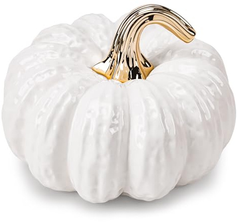 Quancru 20cm Gefälschte Kürbis Dekorationen Keramik Figuren Weiß Realistisches Künstliches Kürbisse Modell für Outdoor Halloween Herbst Ernte Küche Tischplatte Mittelstück Handwerk-1 Stück