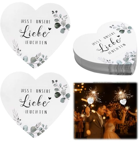 100PCS Wunderkerzen Kartenhalter Hochzeit Herzform Wunderkerzen Etiketten | Weiß Wunderkerzen mit Lasst Unsere Liebe Leuchten Hochzeitsetiketten Geeignet für Gastgeschenk Hochzeit und Hochzeit Party