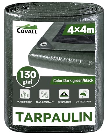 COVALL Abdeckplane 4x4m Grün Plane 130g/㎡ Wasserdicht UV-Schutz LKW Deck mit Loch Auge,Waterproof Tarpaulin,Windschutz & Kratzschutz Panel Garten,Motorrad,Hausarbeiter,Möbel und Outdoor-Geräte