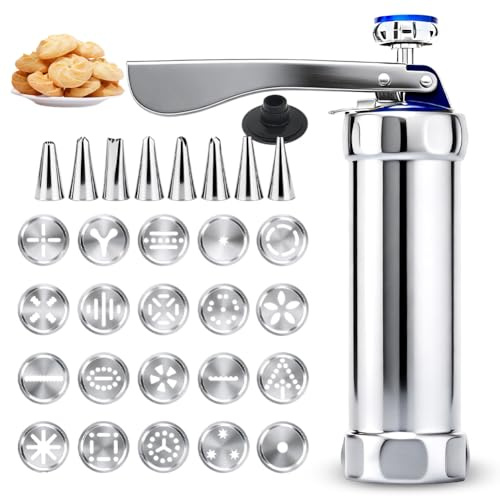 Edelstahl Spritzgebäck Presse, Teigspritze Kekspresse Spritzgebäck, Kekspresse mit 20 Schablonen & 8 Edelstahl Tüllen, Keksmaschine, Gebäckpresse, Plätzchenpresse für Kuchen Dessert DIY Cookie