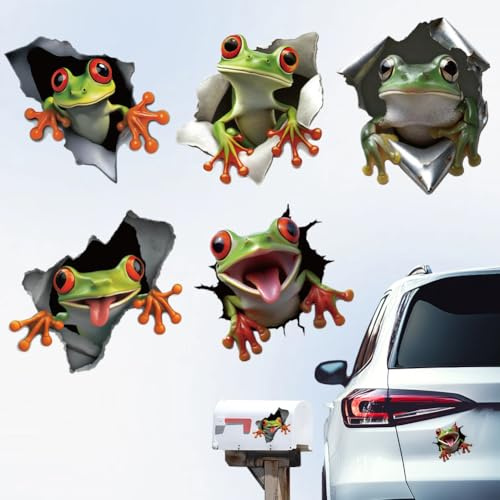 Hobbspring Lustige 3D Autoaufkleber 5 Stück Realistische Agalychnis Callidryas Niedliche Frosch Aufkleber Wasserdichte Bunte Autodekoration Für Stoßstange Fenster Motorrad