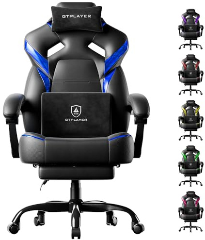 GTPLAYER Big and Tall Gaming Chair for Adults, Ergonomic Office Chair with Footrest, Heavy Duty 350 lbs Capacity, High Back, Premium Leather & Iridescent Trim, ACE-Armor, Black & Blue