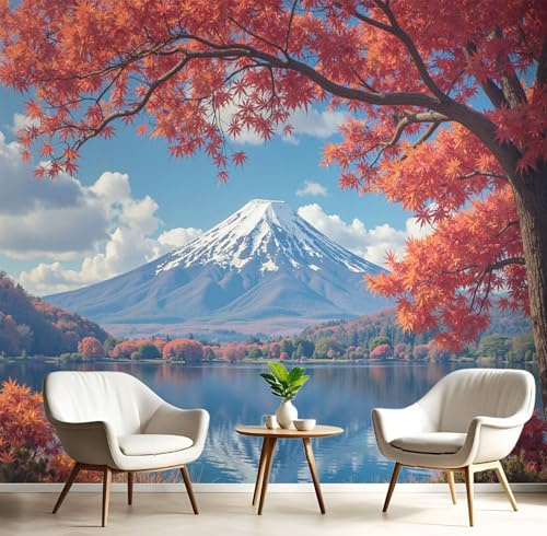 Vlies Fototapete See Davor Berg Thema, Berg Fuji Herbstlandschaft Vliestapete Tapeten Wandbilder Für Wohnzimmer Schlafzimmer TV Hintergrund Wanddeko, 250×175cm(W×H) XL 3D Effect Wandtapete