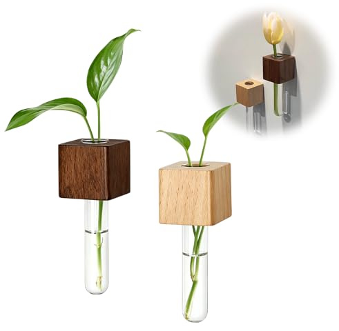 PORUPAEL 4 Sets Magnetic Test Tube Vase for Fridge - Mini Vase Magnets for Fridge, Wooden Magnetic Planters with Acrylic Tube, Decorative Fridge Magnet Vase for Home Office Kitchen