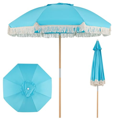RELAX4LIFE Sombrilla Playa 180 cm, Parasol con Flecos, Botón de Inclinación, 8 Varillas de Fibra de Vidrio, Poste de Madera de Haya para Patio, Pisicina, Terraza y Jardín