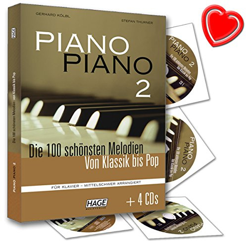 Piano Piano 2 mittelschwer - Die 100 schönsten Melodien von Klassik bis Pop für Klavier - mit 4 CDs und bunter herzförmiger Notenklammer