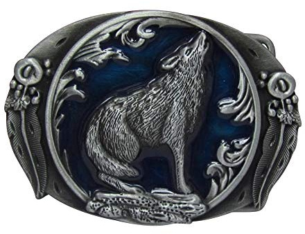 Unbekannt Gürtelschnalle heulender Wolf Blauer Hintergrund, Zinn.