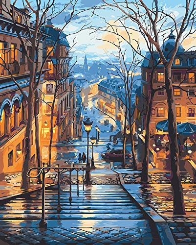 Transino Peinture par Numero 40x50cm DIY Peinture à l'huile sur Toile Kit Peinture par Numéro Adulte Paysage de Ville Dessin avec Brosses et Peintures Acryliques pour Adultes