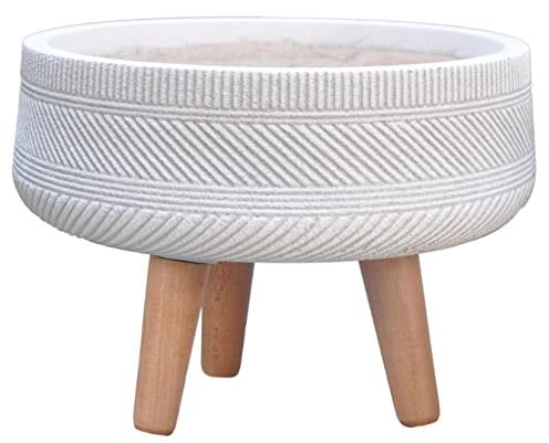 IDEALIST 25cm Ribbed White Reinforced Stone Bowl Planter | Large Bonsai Pot on Legs | Indoor Plant Pot D25 H22 cm, 5 litres