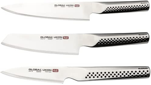 Global UKON Range 3-Piece Kitchen Knife Set - Contains GU-01 Cook's Knife, GUM-10 Vegetable Knife and GUF-30 Paring, Silver, GU-3003