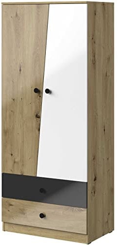 Marmex Nero NR 1P - Glänzend Zweitüriger Kleiderschrank mit Schubladen, Kleiderschrank mit Fachböden und Stange, für Jugendzimmer, für Kinderzimmer (Eiche Artisan + weiße Glanz + schwarzer Griff)