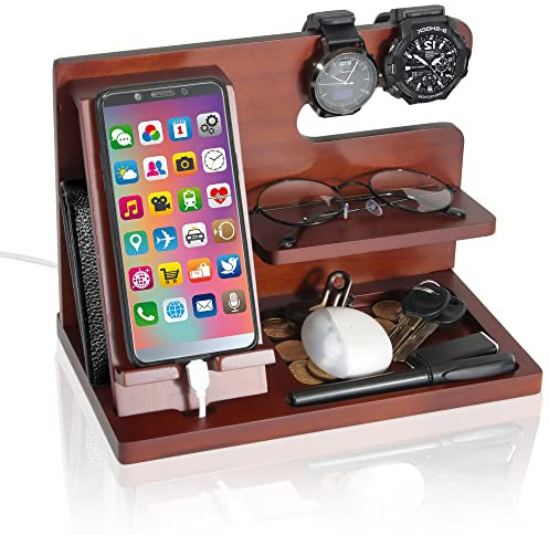Wood Cell Phone Charge Docking Station Ash Key Wallet Holder Watch Stand Glasses Holder Purse Organizer Nightstand Men Husband Wife Anniversary Dad Birthday Gift Father Male Graduation Idea Gadgets