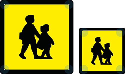 Pack of 1 front (250mm x 250mm) and 1 rear (400mm x 400mm) reflective, fully compliant UK school bus signs with high strength sucker pads