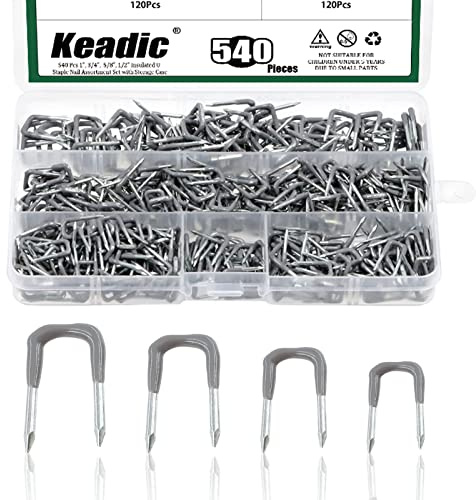 Keadic 540Pcs Insulated U Staple Nail Set (0.82’’ x 0.56’’, 0.69’’ x 0.44’’, 0.64’’ x 0.41’’, 0.67’’ x 0.36’’) with Storage Case, Metal Cable Clip for Fixing Electrical Cord