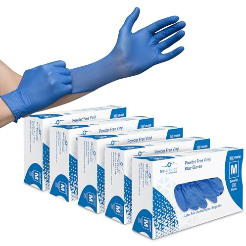 Farla MediHands Blue Medium Vinyl Examination Gloves - Box of 500 Disposable, Powder-Free, Latex-Free, Protein-Free Medical Gloves - Multi-Purpose, Single-Use