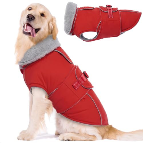 Lelepet Hundemantel Winterweste Reflektierende Fleece Hundejacke für Große Hunde Wasserdicht Hundejacke Wintermantel Warme Winterjacke mit Verstellbarer Schnalle, Rot XL