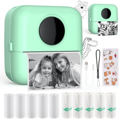 HuiJuKeJi Mini Drucker, Taschendrucker, Mini Fotodrucker für Smartphone, Sticker Drucker, Thermo Fotodrucker für Journal, Reisen Logo, Notizen, Journal, Liste, Memo (Grün)