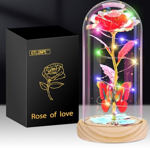 Otlonpe Cadeau Saint Valentin Femme, Rose Eternelle sous Cloche Cadeau Femme Maman Anniversaire avec Lumières, Fleur Artificielle Cadeau pour Femme Maman,Cadeau Fete des Meres (Bois-Rouge)
