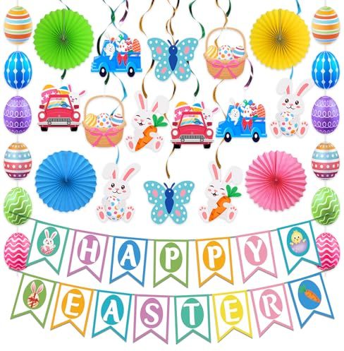 Osterdekoration, Osterdekoration, Frohe Ostern, Banner, Eierhasen-Girlande, hängende Wirbel-Wabe, Mittelstück für Zuhause, Büro, Schule, Klassenzimmer, Themenparty-Dekorationen