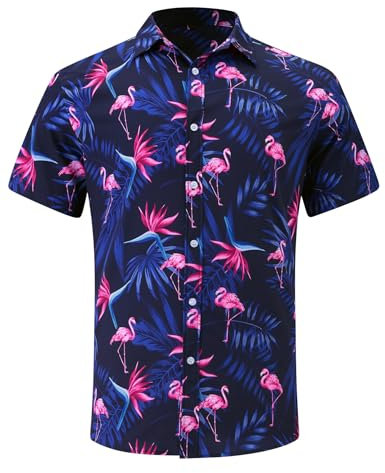 Freshhoodies Chemises Casual Hommes Flamant Rose Feuilles Noir 3D Imprimer Moche Vintage Festivals Vacances Hawaïen Motif Bowling Chemise Tropicale, M