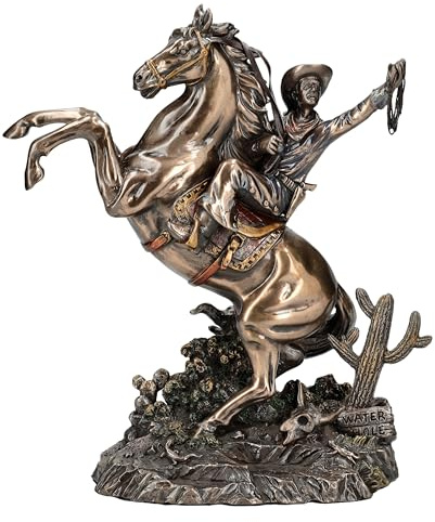 Pacific Giftware Cowboy-Figur auf steigendem Pferd mit Lasso 25,5 cm - Western Deko, Prärie-Landschaft mit Kaktus und Totenkopf